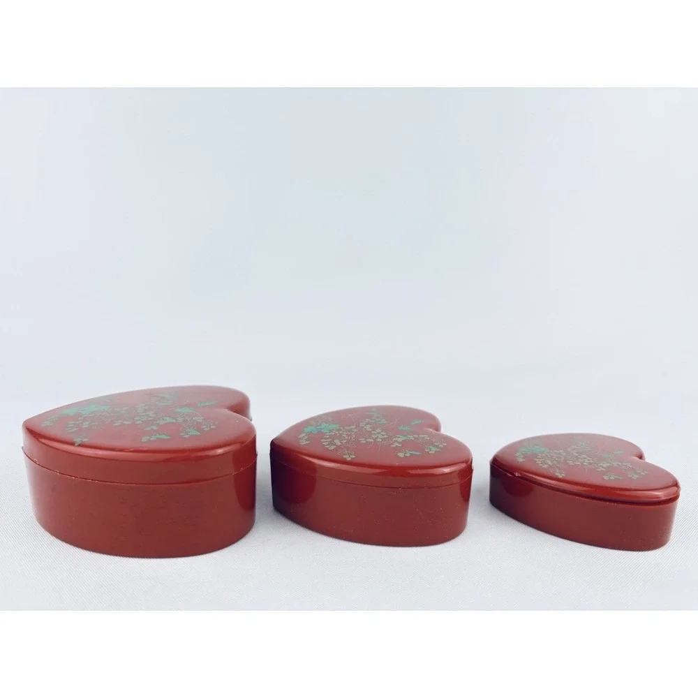 Vintage Red Nesting Heart Trinket Boxes Hong Kong - Plastic Floral Flowers Set 3